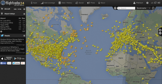 Flightradar, aplicación web que muestra información en tiempo real sobre el tráfico aéreo en directo alrededor del mundo.